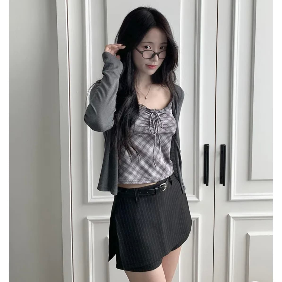 있음 선적 한국 chic 정장 반신 스커트 다용도 스트라이프 한 마디 노출 방지 바지 벨트 포함 상세 이미지 5