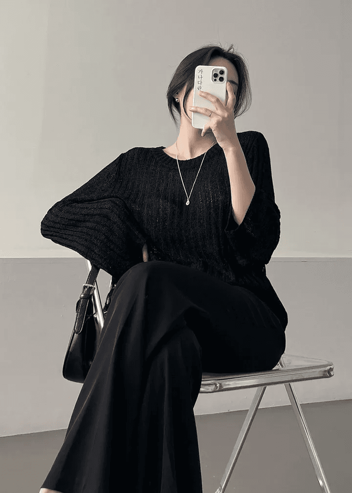 새로운 한국 chic 여름 얇은 스타일 얼음 실크 니트 스웨터 라운드 넥 구덩이 기사 단색 미니멀리즘 다용도 긴팔 맨위 상세 이미지 10