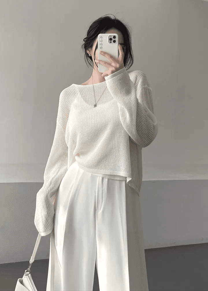 새로운 한국 chic 캐주얼 루즈핏 느긋한 자외선 차단 블라우스 여성 다용도 단색 얇은 스타일 스웨터 니트 맨위 상세 이미지 7
