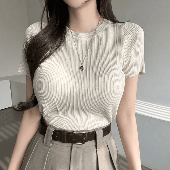 있음 선적 한국 chic 여름 몸매 가꾸기 다용도 라운드 넥 플리츠 리브 반팔 티셔츠 상세 이미지 1