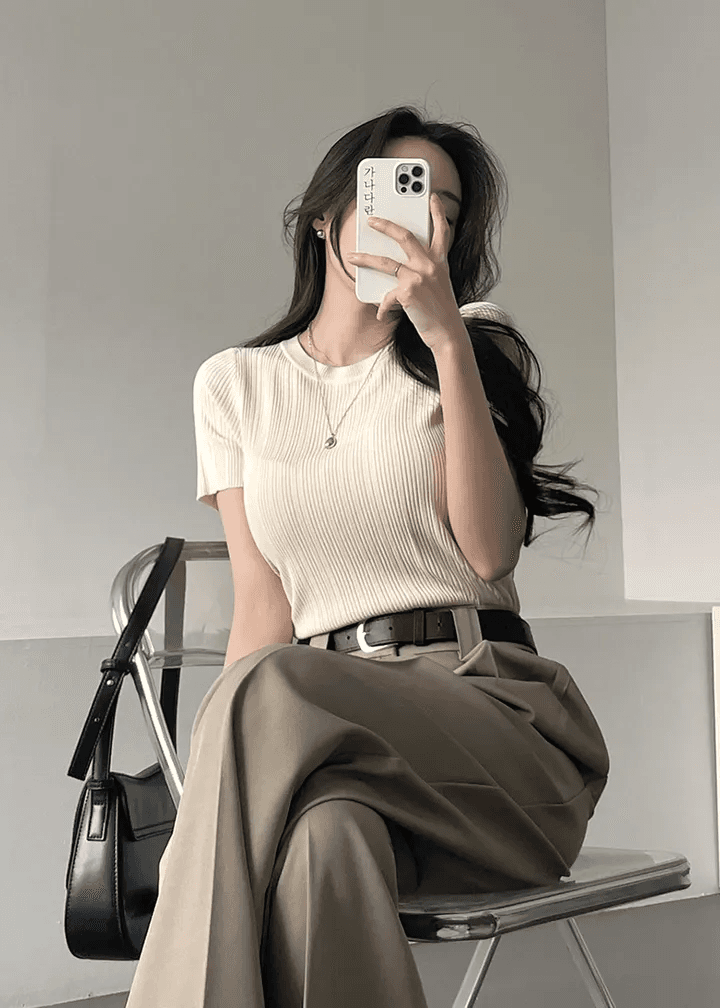 있음 선적 한국 chic 여름 몸매 가꾸기 다용도 라운드 넥 플리츠 리브 반팔 티셔츠 상세 이미지 4