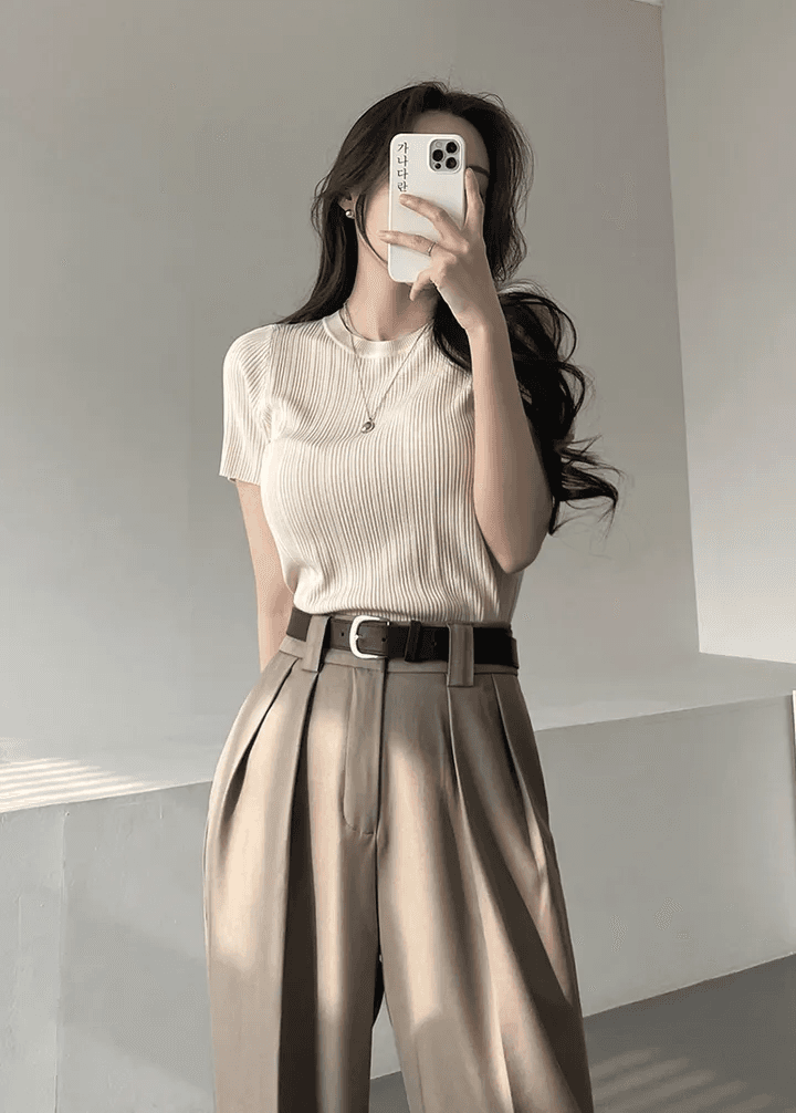 있음 선적 한국 chic 여름 몸매 가꾸기 다용도 라운드 넥 플리츠 리브 반팔 티셔츠 상세 이미지 7
