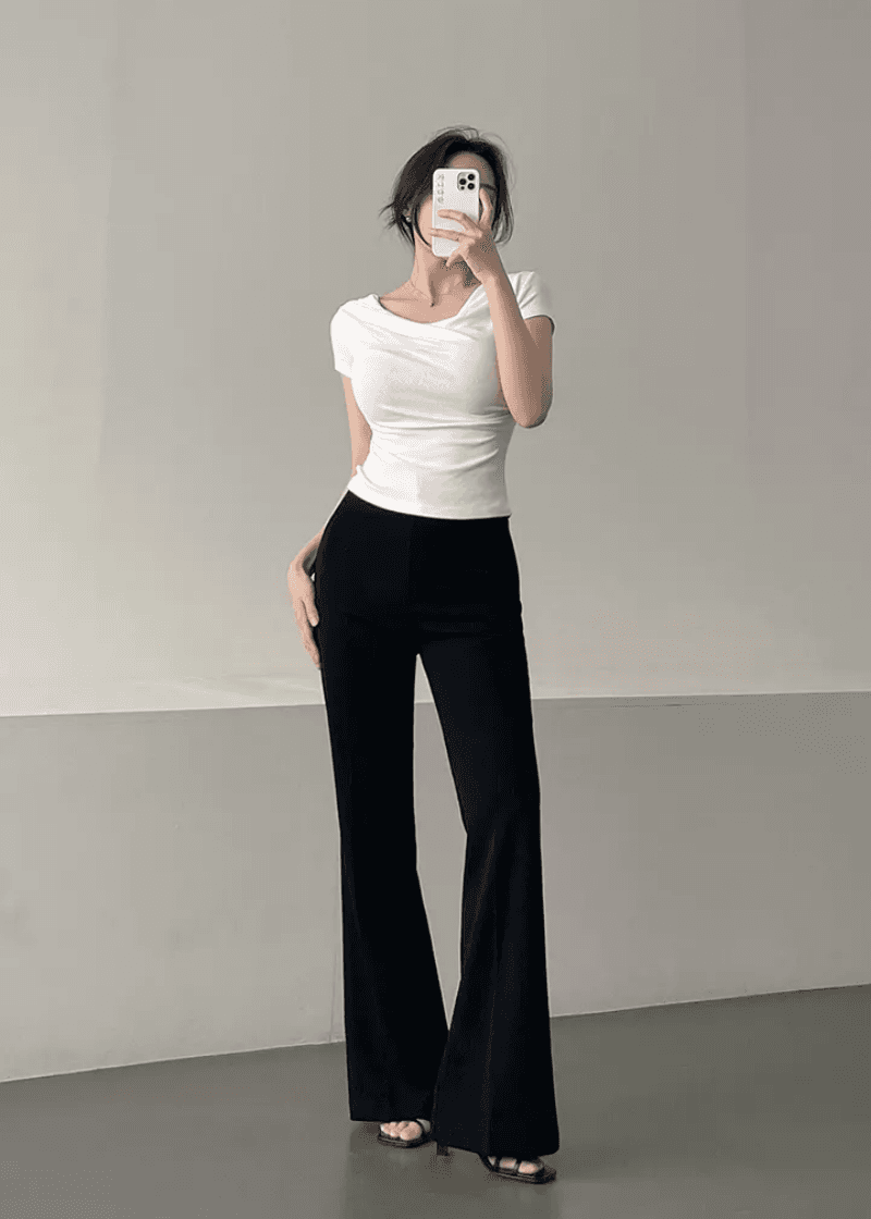 있음 선적 한국 chic 오프숄더 흔들다 칼라 고급 센스 단색 반팔 티셔츠 여성 기타 착용 법 맨위 상세 이미지 2