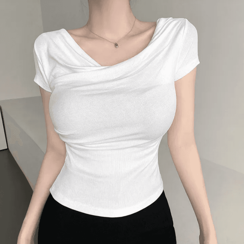 있음 선적 한국 chic 오프숄더 흔들다 칼라 고급 센스 단색 반팔 티셔츠 여성 기타 착용 법 맨위 상세 이미지 3