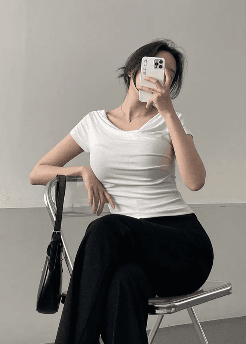 있음 선적 한국 chic 오프숄더 흔들다 칼라 고급 센스 단색 반팔 티셔츠 여성 기타 착용 법 맨위 상세 이미지 7