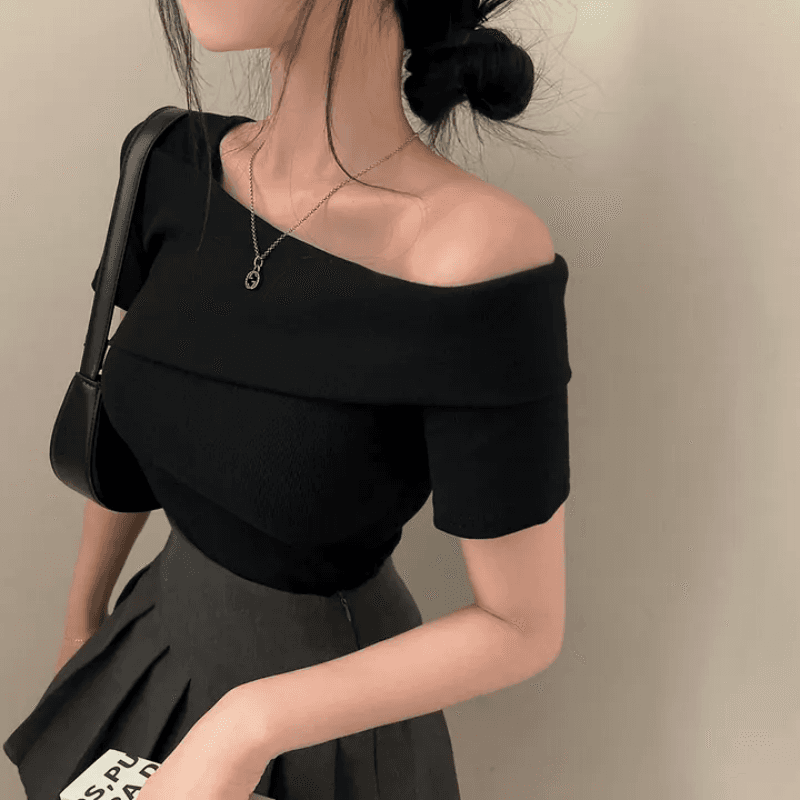 있음 선적 한국 chic 몸매 가꾸기 품격 슬림해 보이는 비스듬한 어깨 단색 여름 단색 맨위 이미지 3