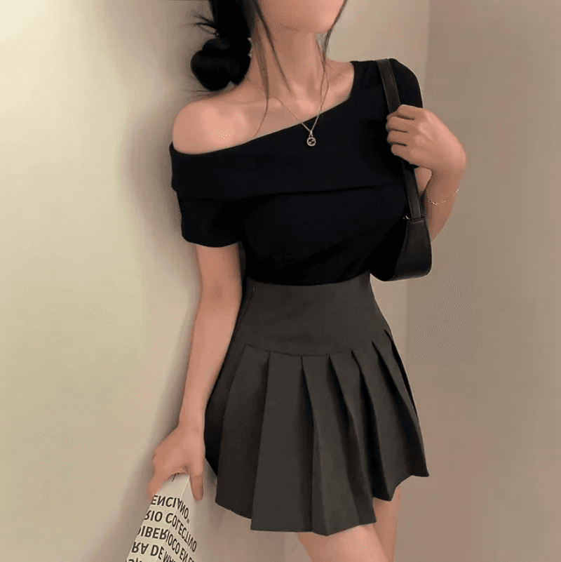 있음 선적 한국 chic 몸매 가꾸기 품격 슬림해 보이는 비스듬한 어깨 단색 여름 단색 맨위 상세 이미지 13