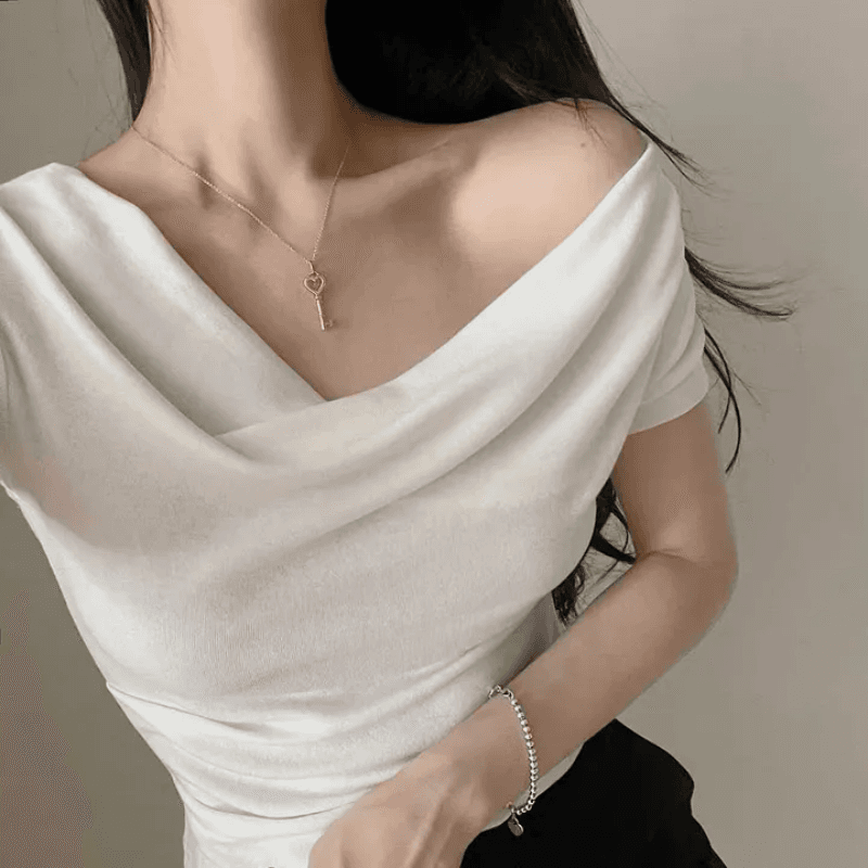있음 선적 한국 chic 여름 오프숄더 흔들다 칼라 기타 착용 법 다용도 단색 허리 수축 슬림해 보이는 티셔츠 맨위 이미지 4