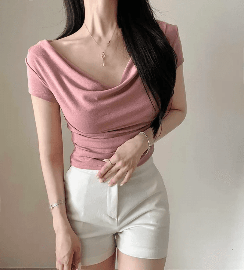 있음 선적 한국 chic 여름 오프숄더 흔들다 칼라 기타 착용 법 다용도 단색 허리 수축 슬림해 보이는 티셔츠 맨위 상세 이미지 7