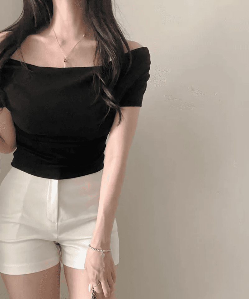 있음 선적 한국 chic 여름 오프숄더 흔들다 칼라 기타 착용 법 다용도 단색 허리 수축 슬림해 보이는 티셔츠 맨위 상세 이미지 11