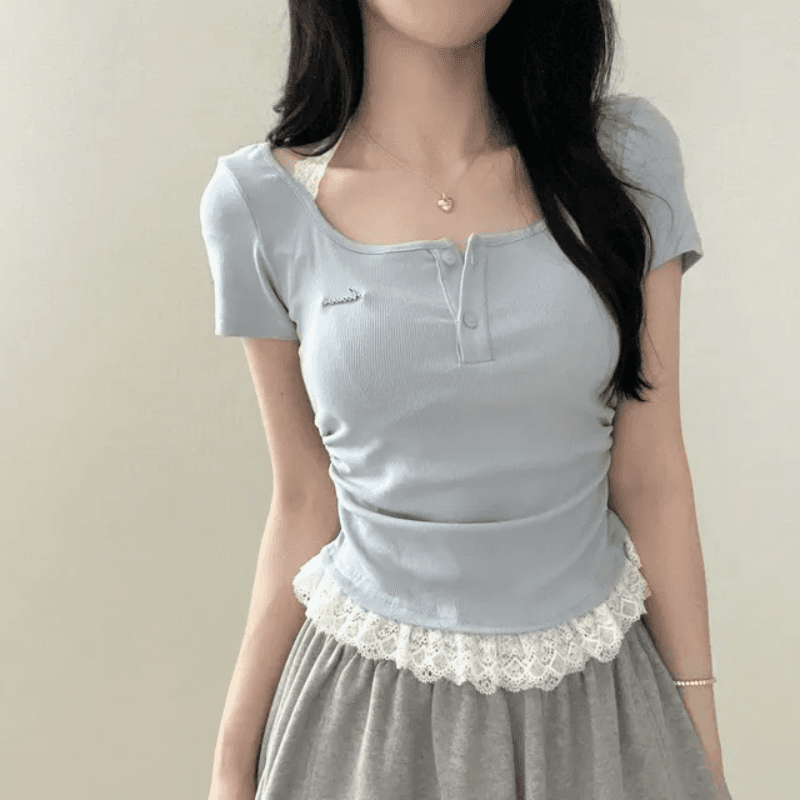 있음 선적 한국 chic 여름 디자인 센스 패치워크 행침 목 페이크 레이어드 반팔 티셔츠 주름 허리 수축 맨위