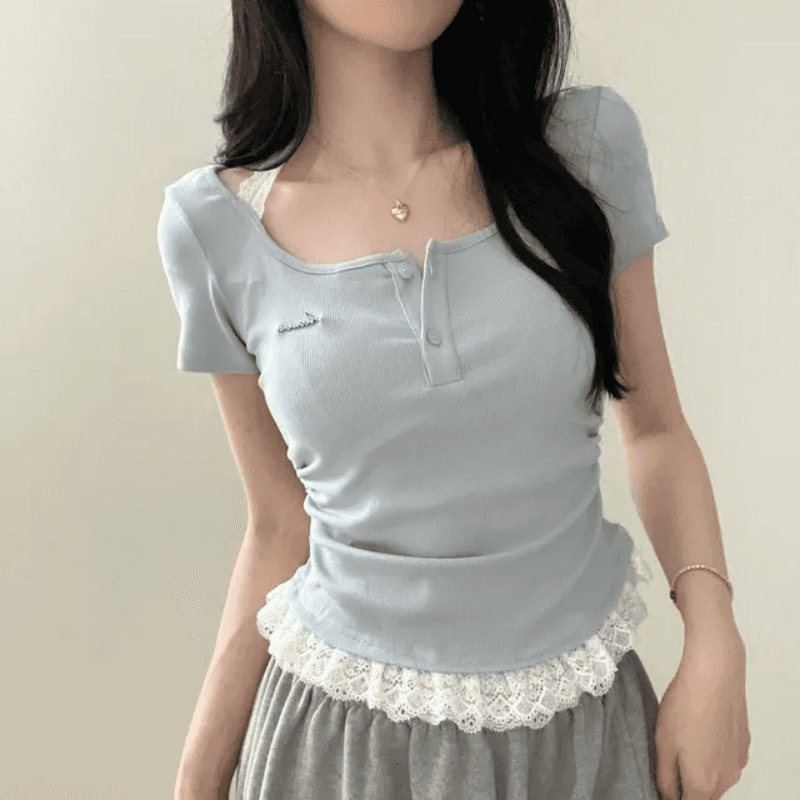 있음 선적 한국 chic 여름 디자인 센스 패치워크 행침 목 페이크 레이어드 반팔 티셔츠 주름 허리 수축 맨위 상세 이미지 2