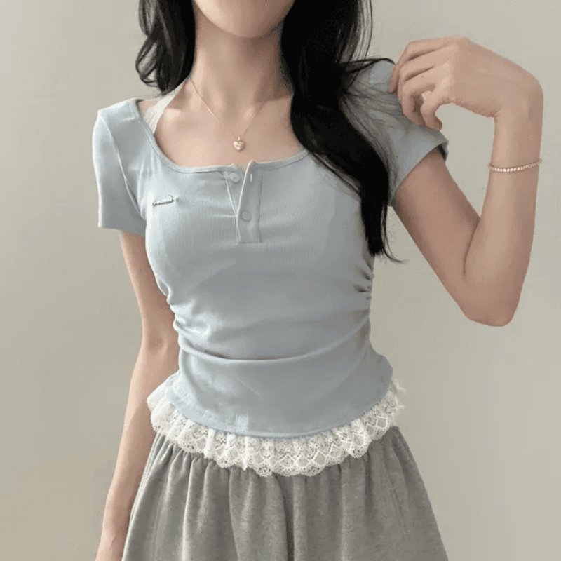 있음 선적 한국 chic 여름 디자인 센스 패치워크 행침 목 페이크 레이어드 반팔 티셔츠 주름 허리 수축 맨위 상세 이미지 3