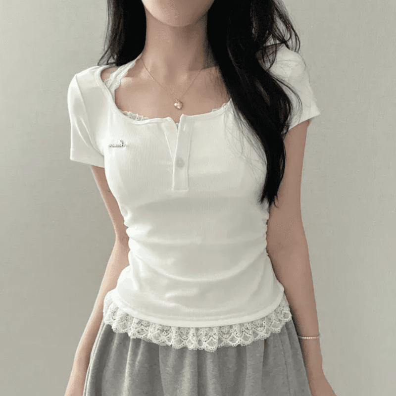 있음 선적 한국 chic 여름 디자인 센스 패치워크 행침 목 페이크 레이어드 반팔 티셔츠 주름 허리 수축 맨위 상세 이미지 4