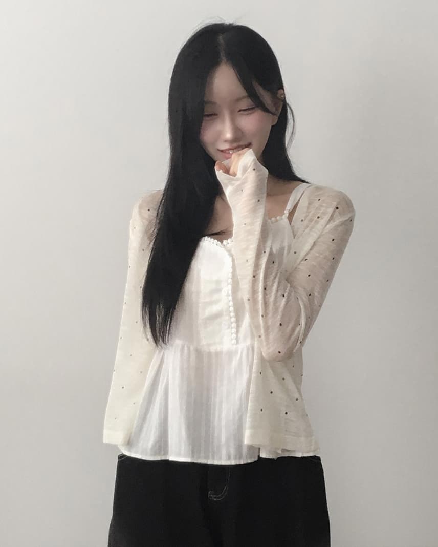 있음 선적 한국 chic 여름 얇은 스타일 재킷 도트 무늬 자외선 차단 V넥 얇은 니트 오픈 가디건 대나무 마디 마 이미지 3