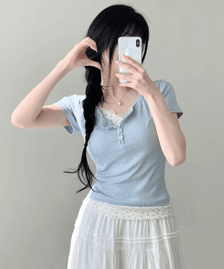 지금 재고 있음 한국 chic 여름 페이크 레이어드 패치워크 레이스 꽃무늬 만나는 몸매 가꾸기 슬림해 보이는 맨위 여성 상세 이미지 11