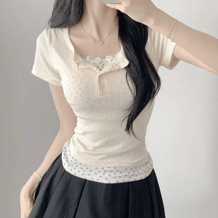 지금 재고 있음 한국 chic 여름 페이크 레이어드 패치워크 레이스 꽃무늬 만나는 몸매 가꾸기 슬림해 보이는 맨위 여성 상세 이미지 12