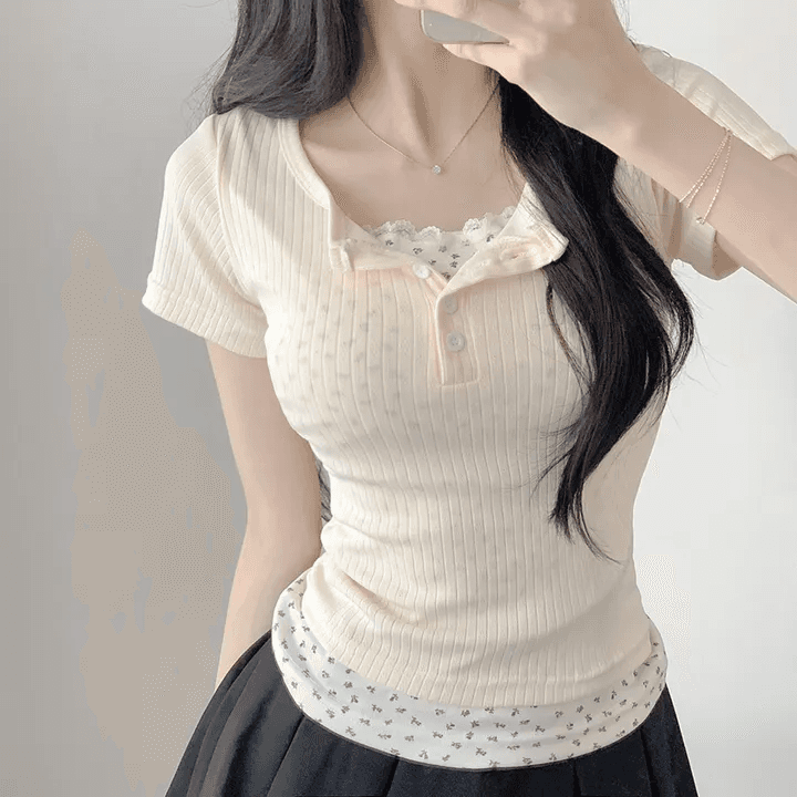지금 재고 있음 한국 chic 여름 페이크 레이어드 패치워크 레이스 꽃무늬 만나는 몸매 가꾸기 슬림해 보이는 맨위 여성 상세 이미지 13