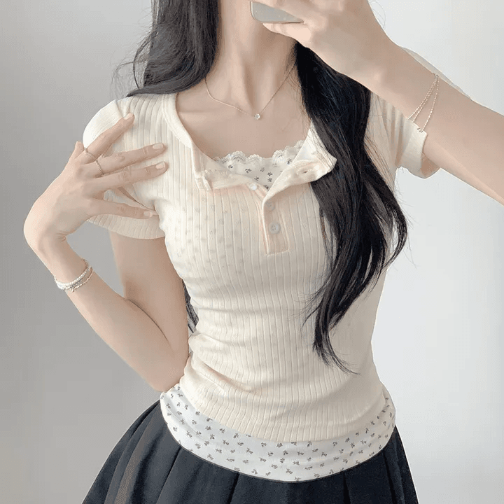 지금 재고 있음 한국 chic 여름 페이크 레이어드 패치워크 레이스 꽃무늬 만나는 몸매 가꾸기 슬림해 보이는 맨위 여성 상세 이미지 14