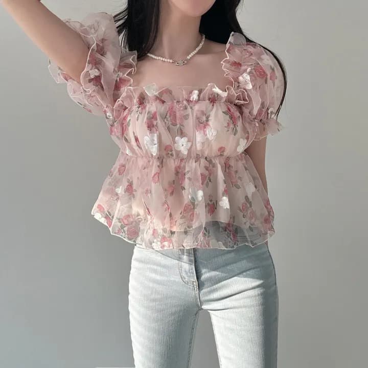 있음 선적 한국 chic 여름 새로운 광장 칼라 달콤함 작은 청신 꽃무늬 셔츠 오프숄더 망사 맨위