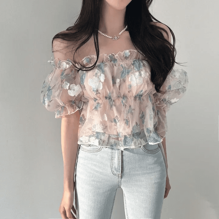 있음 선적 한국 chic 여름 새로운 광장 칼라 달콤함 작은 청신 꽃무늬 셔츠 오프숄더 망사 맨위 이미지 2