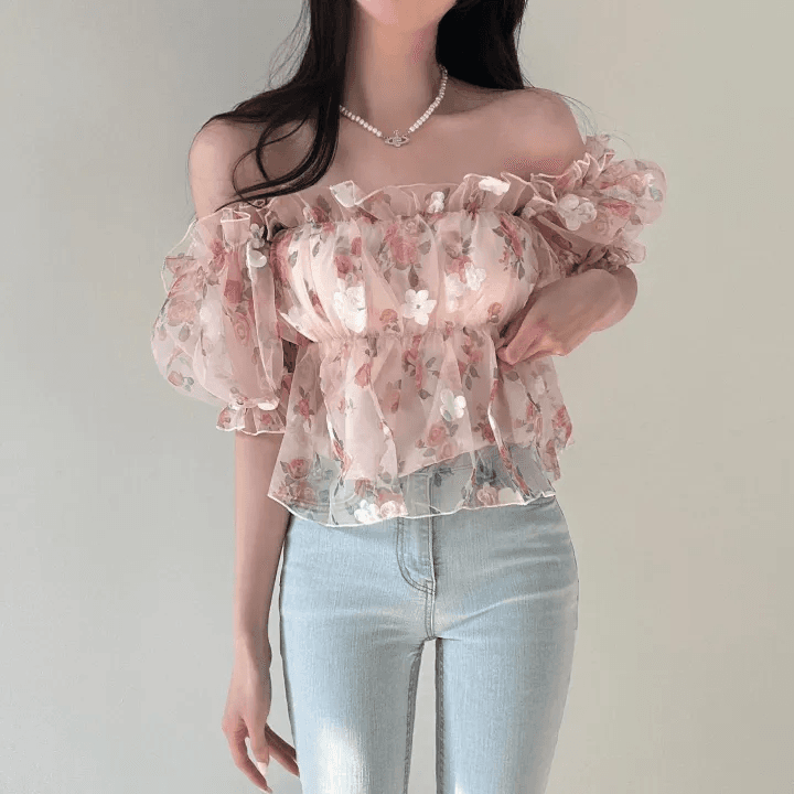 있음 선적 한국 chic 여름 새로운 광장 칼라 달콤함 작은 청신 꽃무늬 셔츠 오프숄더 망사 맨위 이미지 4
