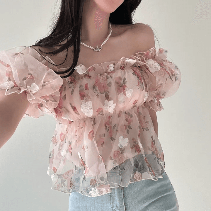 있음 선적 한국 chic 여름 새로운 광장 칼라 달콤함 작은 청신 꽃무늬 셔츠 오프숄더 망사 맨위 상세 이미지 3