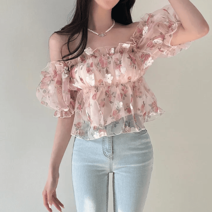 있음 선적 한국 chic 여름 새로운 광장 칼라 달콤함 작은 청신 꽃무늬 셔츠 오프숄더 망사 맨위 상세 이미지 5