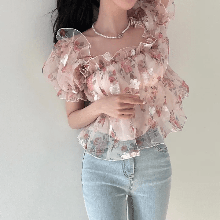 있음 선적 한국 chic 여름 새로운 광장 칼라 달콤함 작은 청신 꽃무늬 셔츠 오프숄더 망사 맨위 상세 이미지 6