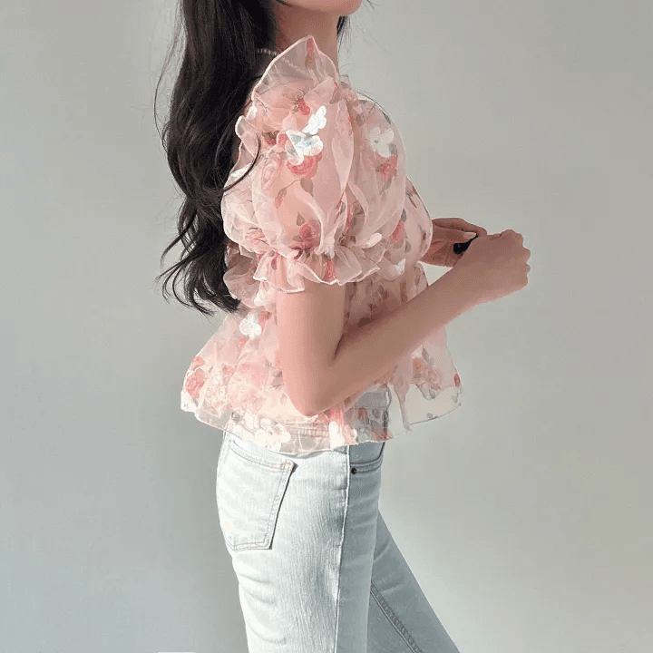 있음 선적 한국 chic 여름 새로운 광장 칼라 달콤함 작은 청신 꽃무늬 셔츠 오프숄더 망사 맨위 상세 이미지 7