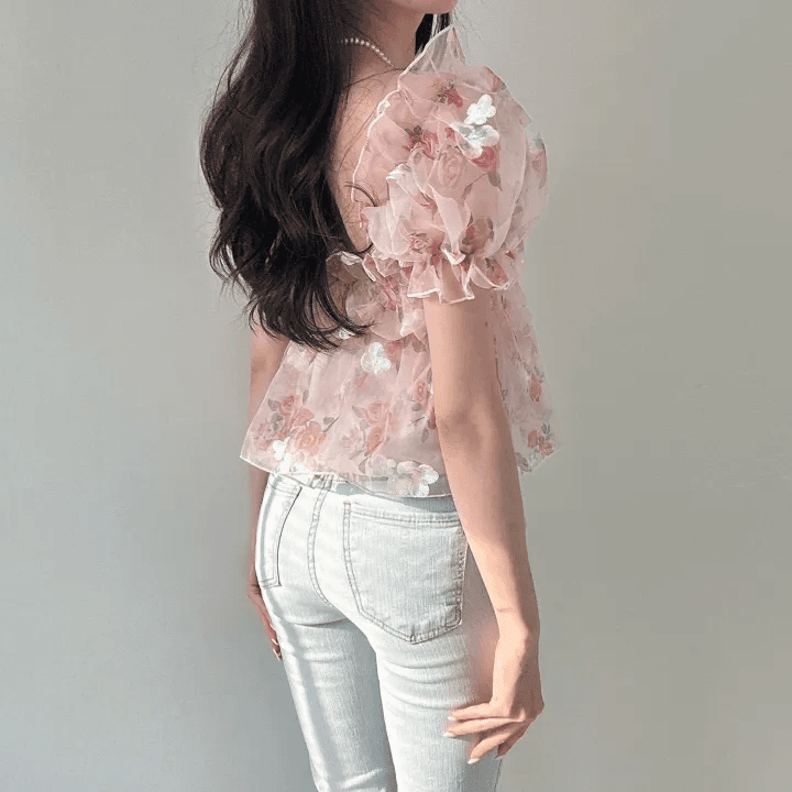 있음 선적 한국 chic 여름 새로운 광장 칼라 달콤함 작은 청신 꽃무늬 셔츠 오프숄더 망사 맨위 상세 이미지 9