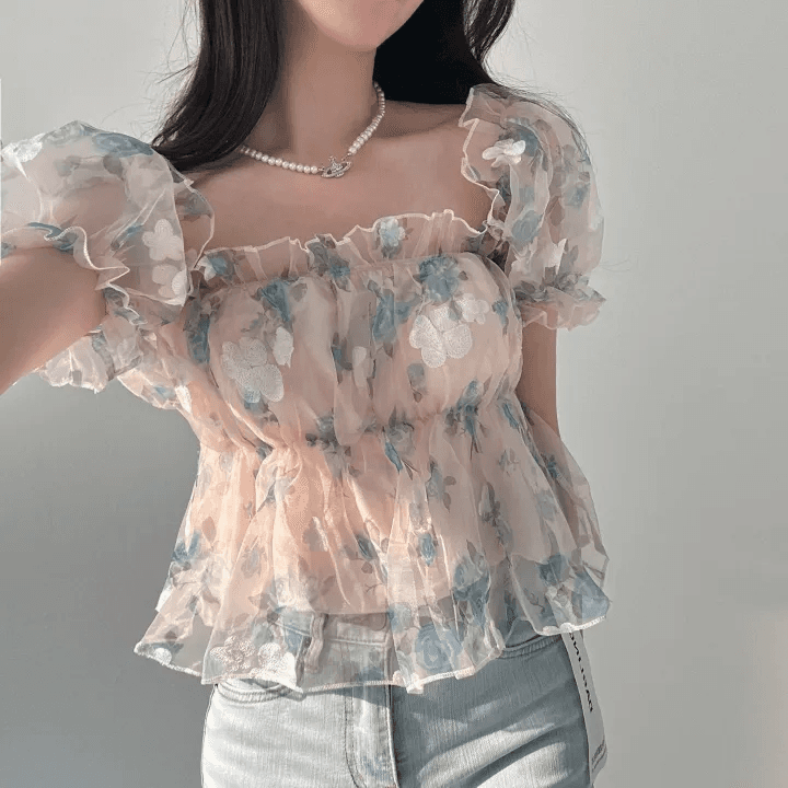있음 선적 한국 chic 여름 새로운 광장 칼라 달콤함 작은 청신 꽃무늬 셔츠 오프숄더 망사 맨위 상세 이미지 10