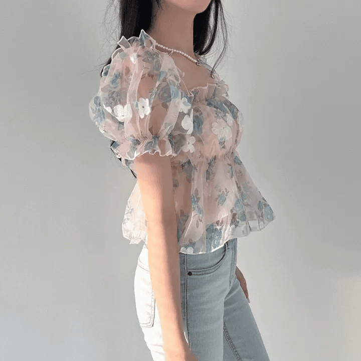 있음 선적 한국 chic 여름 새로운 광장 칼라 달콤함 작은 청신 꽃무늬 셔츠 오프숄더 망사 맨위 상세 이미지 12