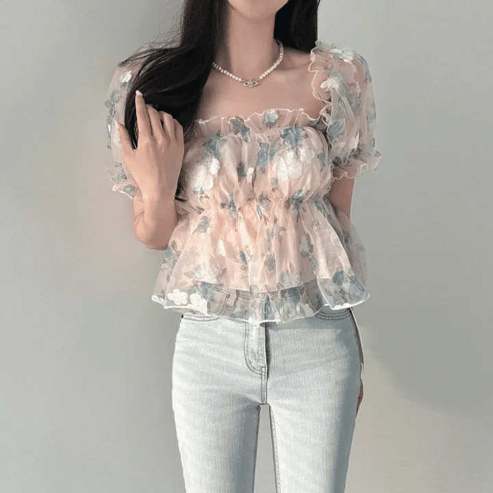있음 선적 한국 chic 여름 새로운 광장 칼라 달콤함 작은 청신 꽃무늬 셔츠 오프숄더 망사 맨위 상세 이미지 14