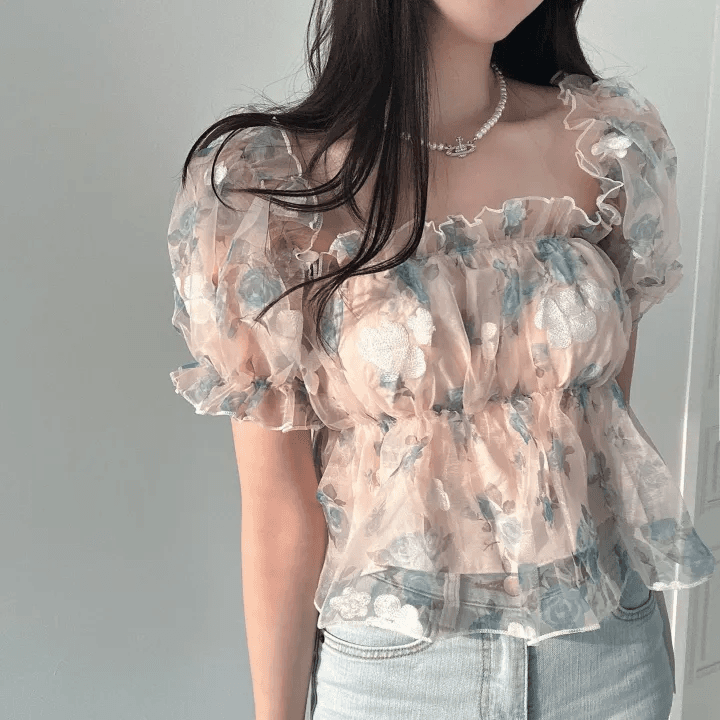 있음 선적 한국 chic 여름 새로운 광장 칼라 달콤함 작은 청신 꽃무늬 셔츠 오프숄더 망사 맨위 상세 이미지 15