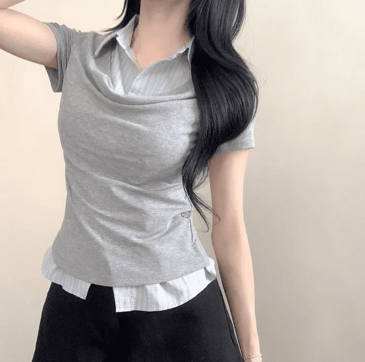 있음 선적 한국 chic 여름 빛 럭셔리 여성 의류 POLO 칼라 페이크 레이어드 패치워크 셔츠 반팔 티셔츠 이미지 3