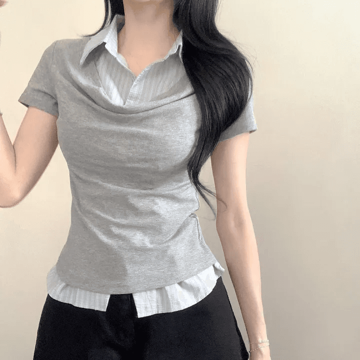 있음 선적 한국 chic 여름 빛 럭셔리 여성 의류 POLO 칼라 페이크 레이어드 패치워크 셔츠 반팔 티셔츠