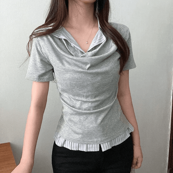 있음 선적 한국 chic 여름 빛 럭셔리 여성 의류 POLO 칼라 페이크 레이어드 패치워크 셔츠 반팔 티셔츠 이미지 4