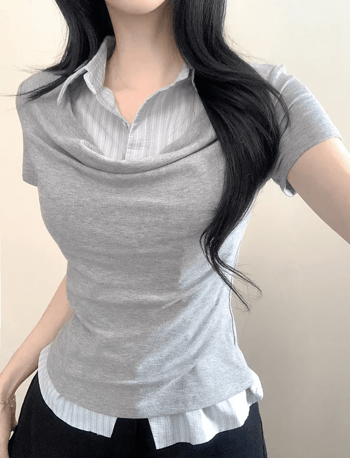 있음 선적 한국 chic 여름 빛 럭셔리 여성 의류 POLO 칼라 페이크 레이어드 패치워크 셔츠 반팔 티셔츠 상세 이미지 2