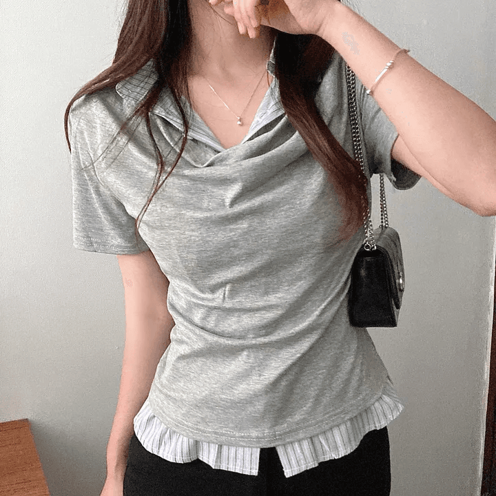 있음 선적 한국 chic 여름 빛 럭셔리 여성 의류 POLO 칼라 페이크 레이어드 패치워크 셔츠 반팔 티셔츠 상세 이미지 5