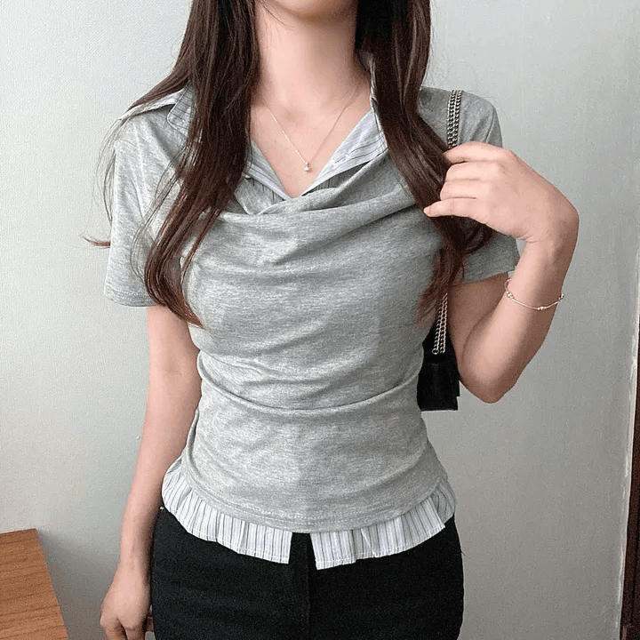 있음 선적 한국 chic 여름 빛 럭셔리 여성 의류 POLO 칼라 페이크 레이어드 패치워크 셔츠 반팔 티셔츠 상세 이미지 8
