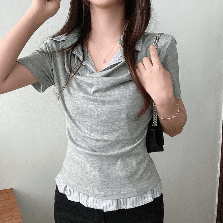 있음 선적 한국 chic 여름 빛 럭셔리 여성 의류 POLO 칼라 페이크 레이어드 패치워크 셔츠 반팔 티셔츠 상세 이미지 9