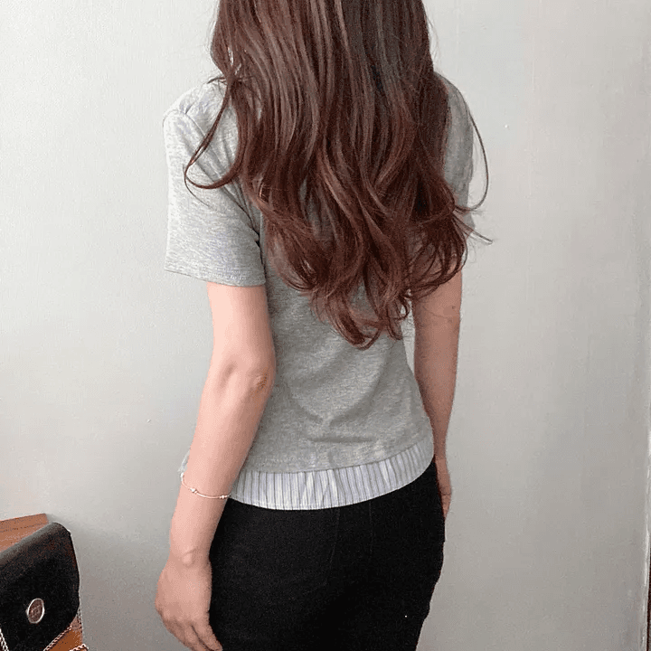 있음 선적 한국 chic 여름 빛 럭셔리 여성 의류 POLO 칼라 페이크 레이어드 패치워크 셔츠 반팔 티셔츠 상세 이미지 10