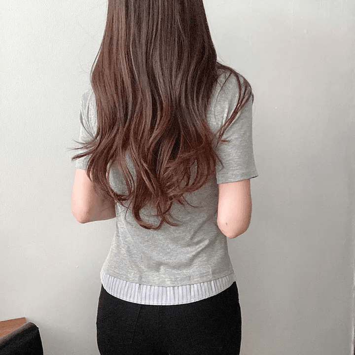 있음 선적 한국 chic 여름 빛 럭셔리 여성 의류 POLO 칼라 페이크 레이어드 패치워크 셔츠 반팔 티셔츠 상세 이미지 11