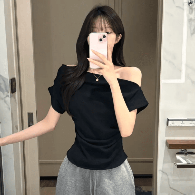 있음 선적 한국 chic 여름 한 단어 오프숄더 몸매 가꾸기 패션 다용도 단색 허리 수축 비스듬한 어깨 반팔 티셔츠 여성 이미지 2