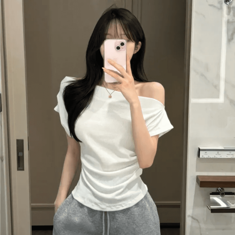 있음 선적 한국 chic 여름 한 단어 오프숄더 몸매 가꾸기 패션 다용도 단색 허리 수축 비스듬한 어깨 반팔 티셔츠 여성 상세 이미지 2