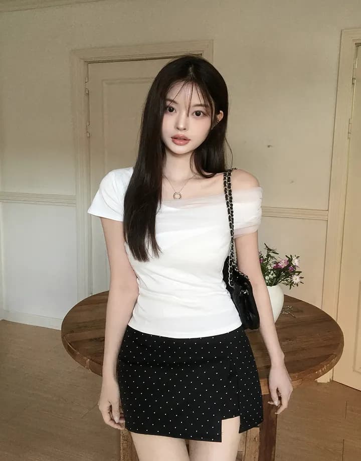 지금 재고 있음 한국 chic 여름 반팔 망사 패치워크 티셔츠 주름 허리 수축 몸매 가꾸기 슬림해 보이는 패션 화이트 맨위 상세 이미지 4