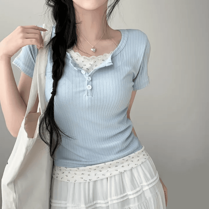 지금 재고 있음 한국 chic 여름 페이크 레이어드 패치워크 레이스 꽃무늬 만나는 몸매 가꾸기 슬림해 보이는 맨위 여성 이미지 3