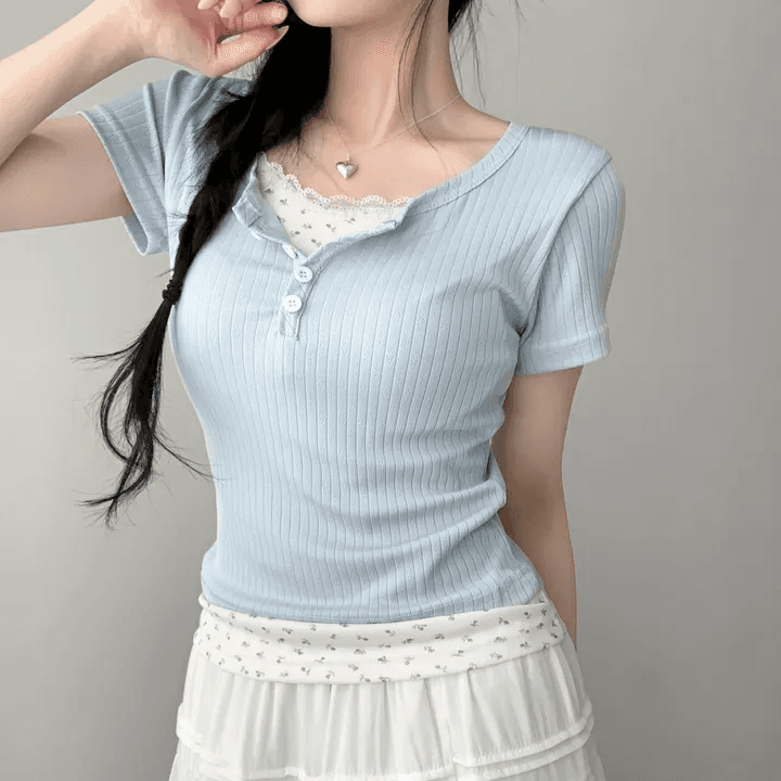 지금 재고 있음 한국 chic 여름 페이크 레이어드 패치워크 레이스 꽃무늬 만나는 몸매 가꾸기 슬림해 보이는 맨위 여성 이미지 4