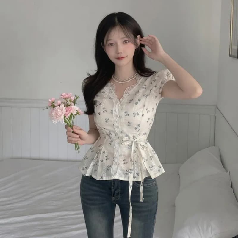 있음 선적 한국 chic 여름 꽃무늬 품격 허리 수축 슬림해 보이는 셔츠 프랑스식 레이스 레이스 V넥 맨위 이미지 3